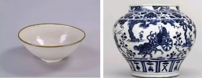 元代以后，青花瓷（右）逐漸取代了定瓷（左）